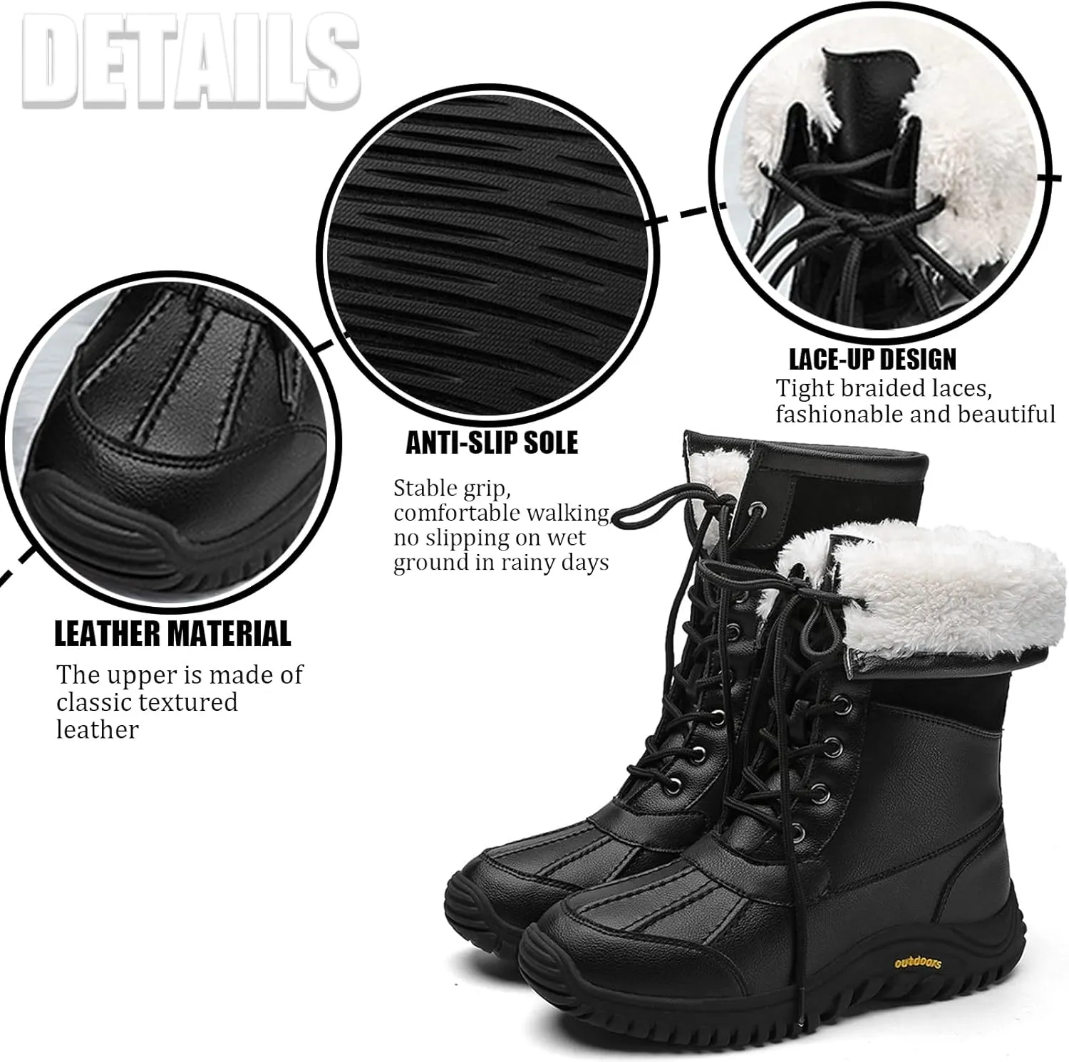 Women'S Leather Waterproof Snow Boots Winter Warm Faux Fur Lined Lug Sole Non-Slip Fashion Duck Boots Outdoor Lace-Up Warm Boots