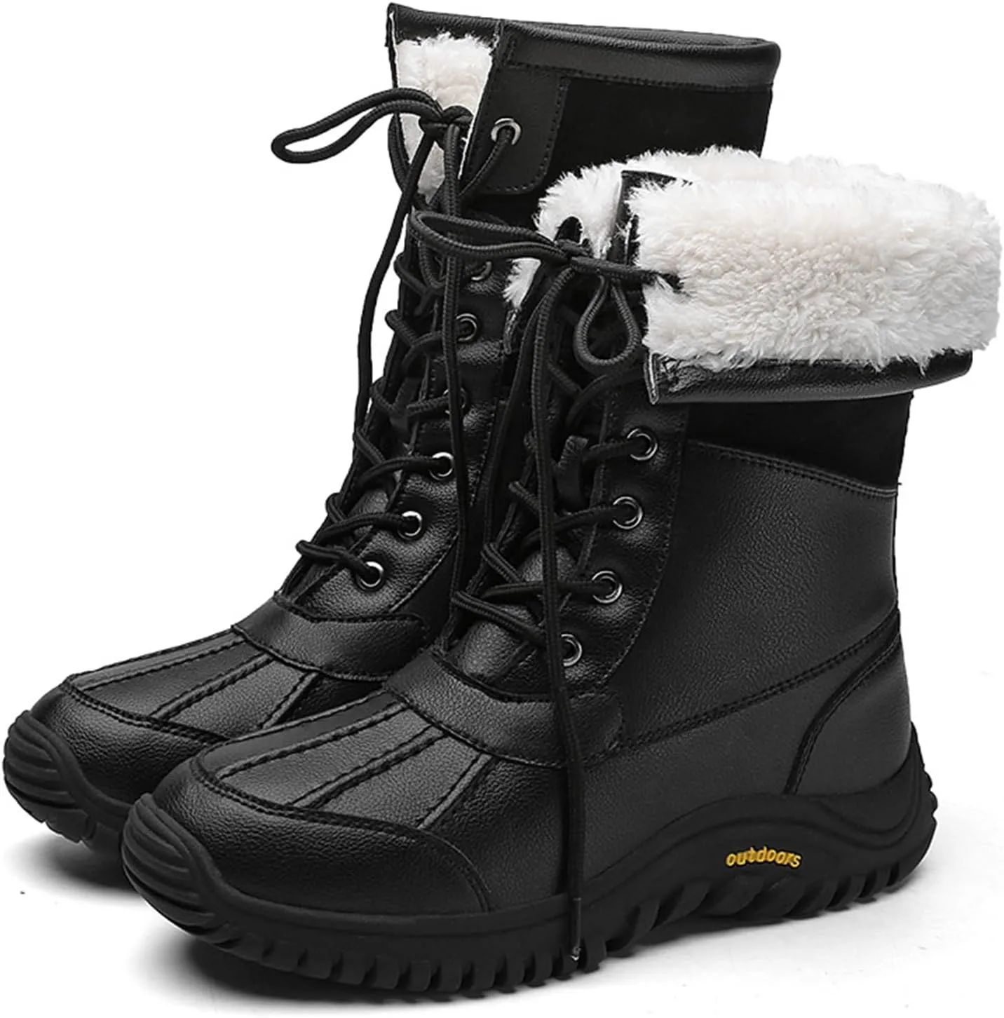 Women'S Leather Waterproof Snow Boots Winter Warm Faux Fur Lined Lug Sole Non-Slip Fashion Duck Boots Outdoor Lace-Up Warm Boots