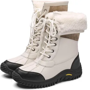 Women'S Leather Waterproof Snow Boots Winter Warm Faux Fur Lined Lug Sole Non-Slip Fashion Duck Boots Outdoor Lace-Up Warm Boots