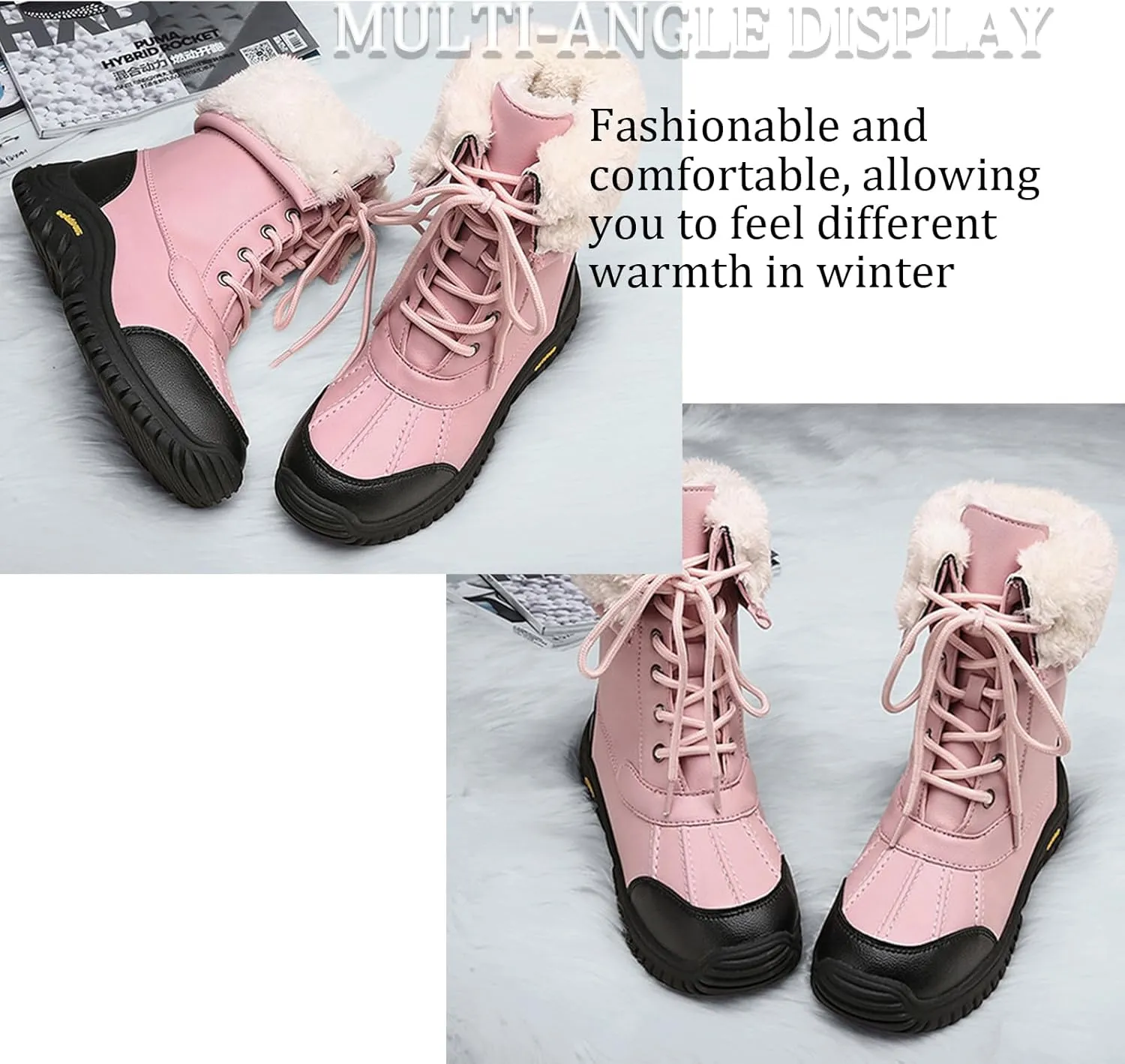 Women'S Leather Waterproof Snow Boots Winter Warm Faux Fur Lined Lug Sole Non-Slip Fashion Duck Boots Outdoor Lace-Up Warm Boots