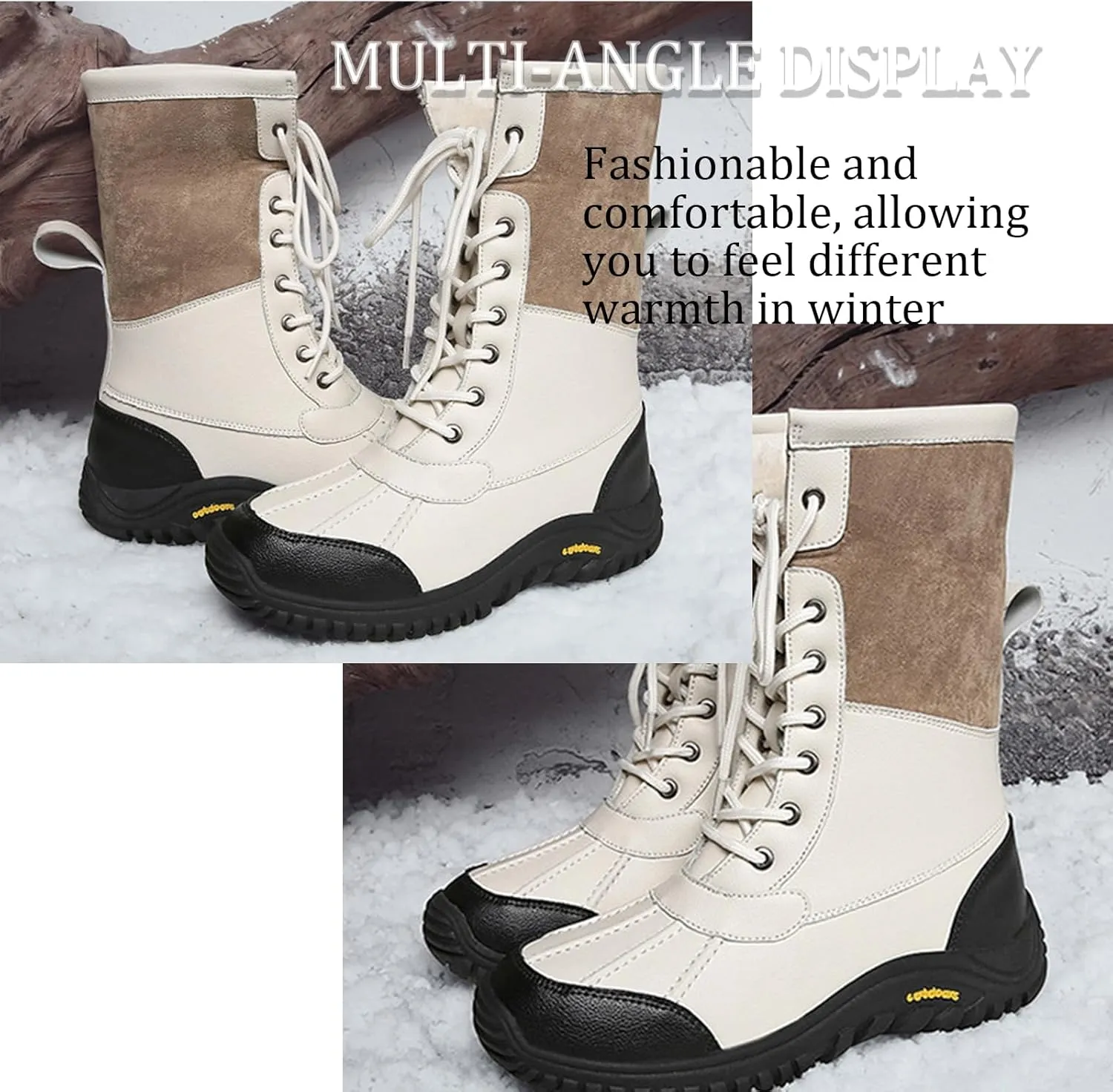 Women'S Leather Waterproof Snow Boots Winter Warm Faux Fur Lined Lug Sole Non-Slip Fashion Duck Boots Outdoor Lace-Up Warm Boots
