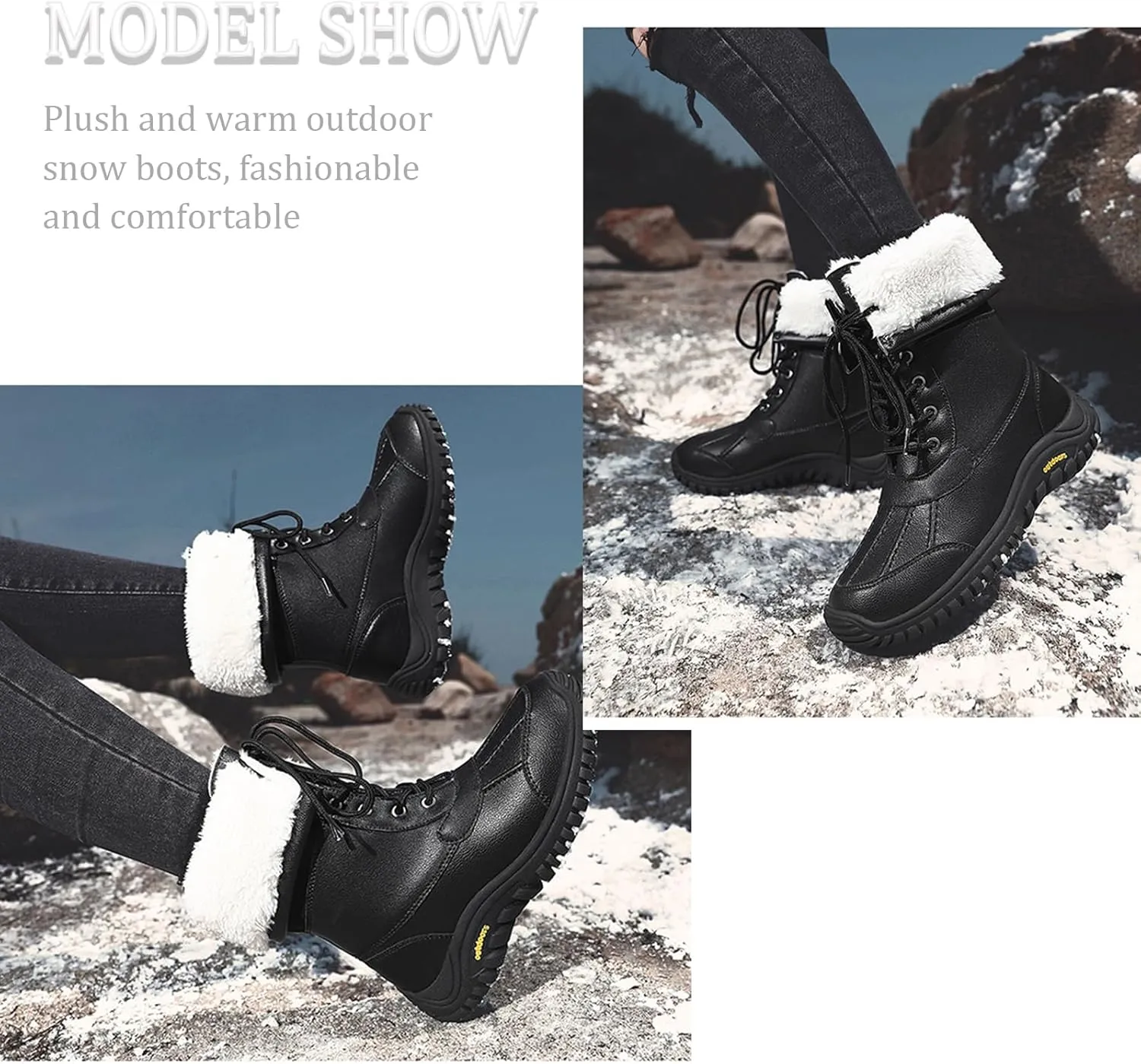 Women'S Leather Waterproof Snow Boots Winter Warm Faux Fur Lined Lug Sole Non-Slip Fashion Duck Boots Outdoor Lace-Up Warm Boots