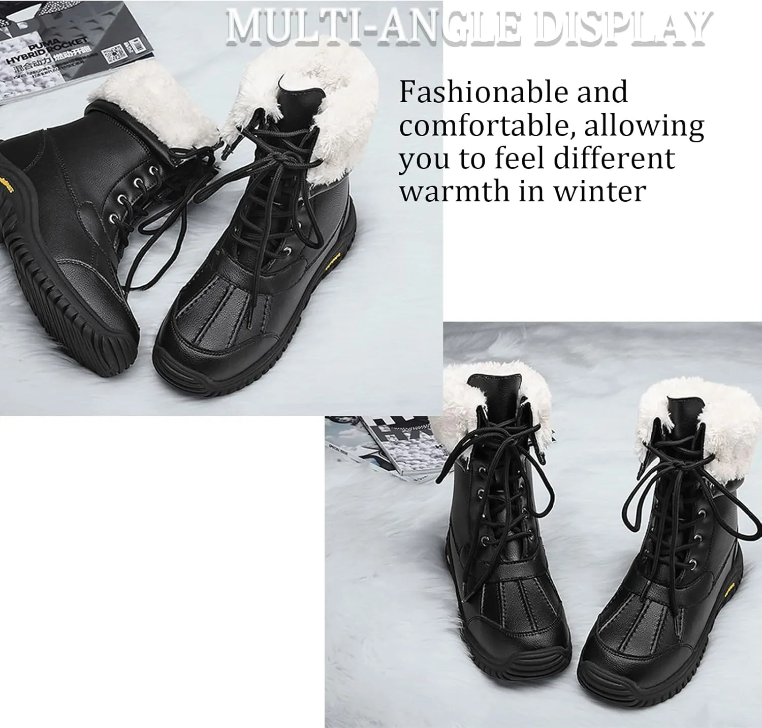 Women'S Leather Waterproof Snow Boots Winter Warm Faux Fur Lined Lug Sole Non-Slip Fashion Duck Boots Outdoor Lace-Up Warm Boots