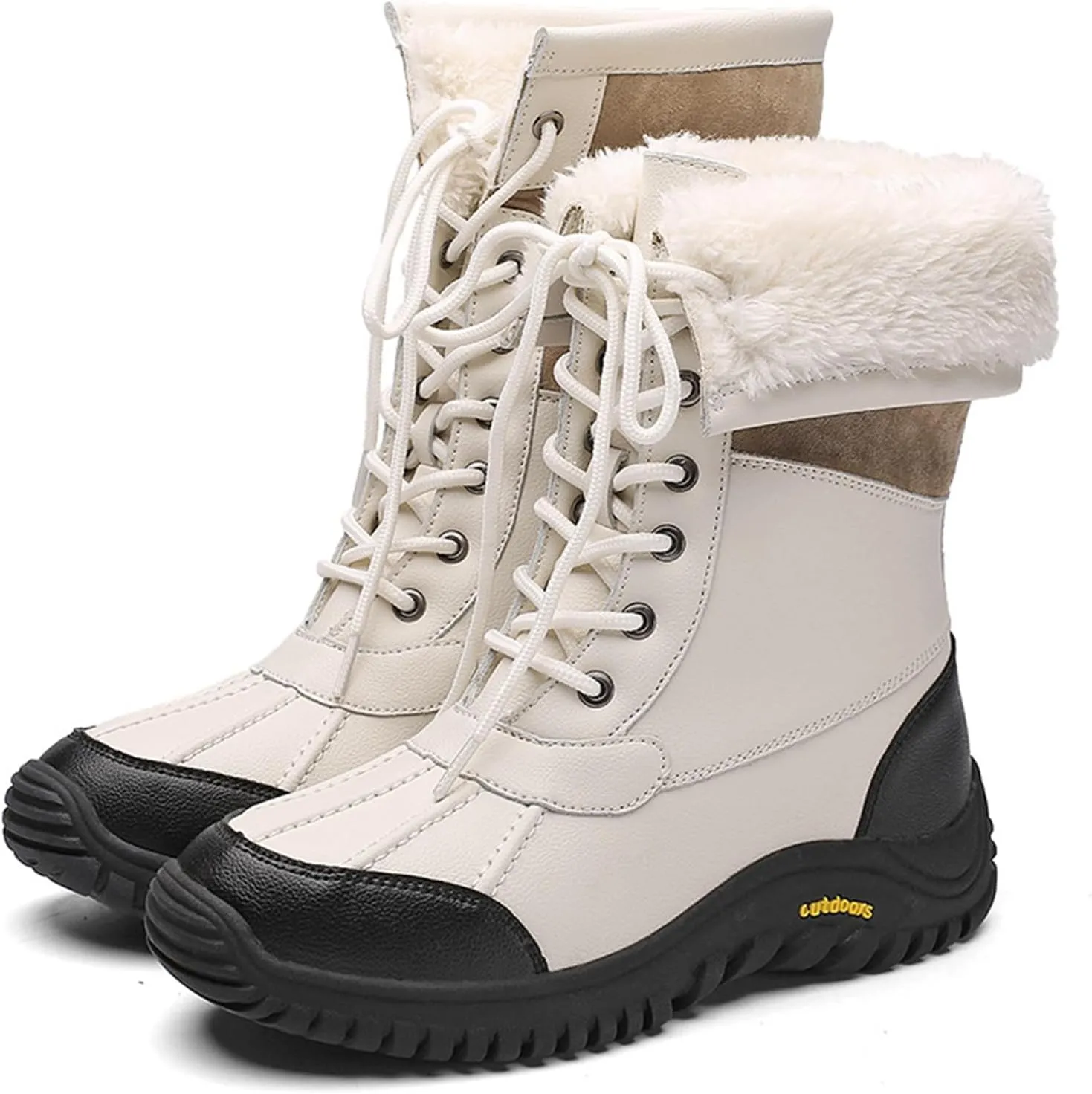 Women'S Leather Waterproof Snow Boots Winter Warm Faux Fur Lined Lug Sole Non-Slip Fashion Duck Boots Outdoor Lace-Up Warm Boots