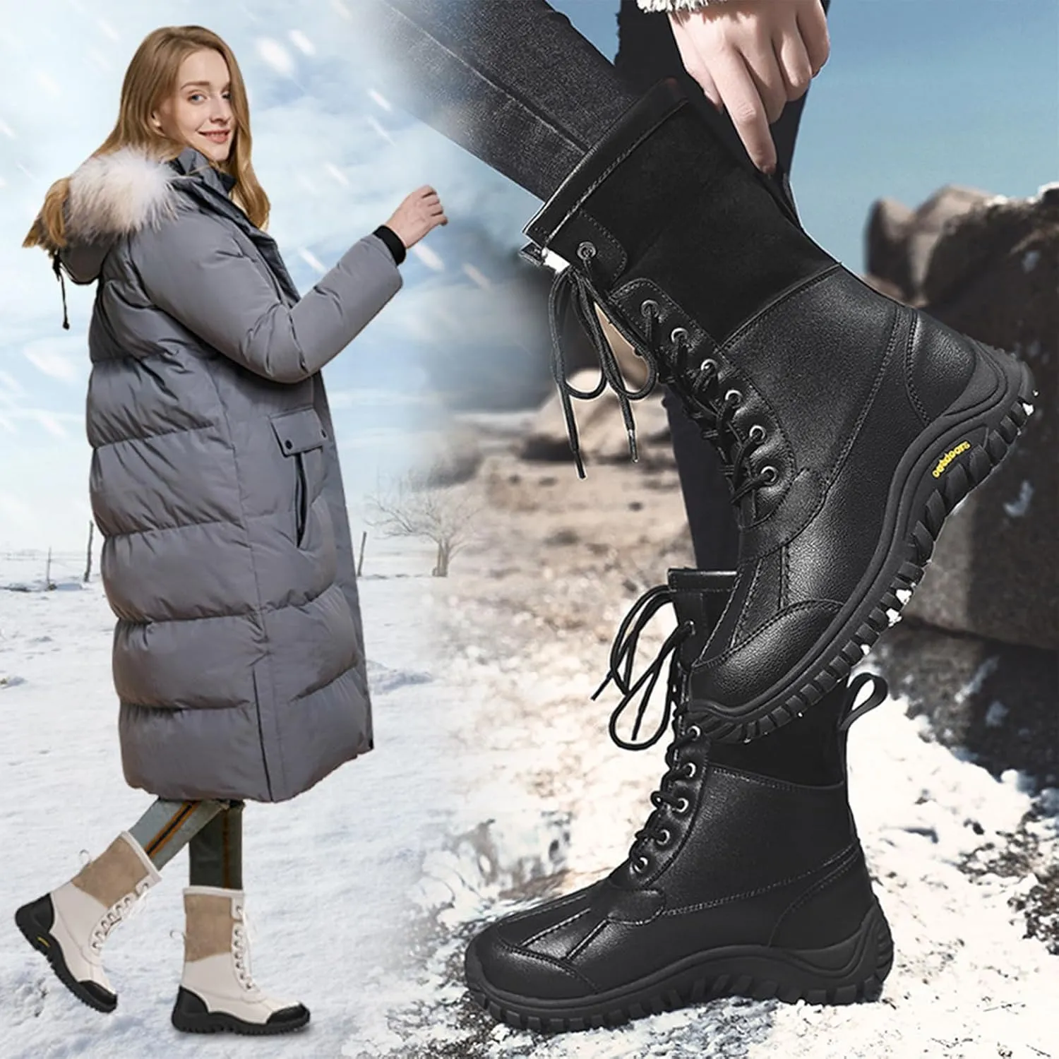 Women'S Leather Waterproof Snow Boots Winter Warm Faux Fur Lined Lug Sole Non-Slip Fashion Duck Boots Outdoor Lace-Up Warm Boots