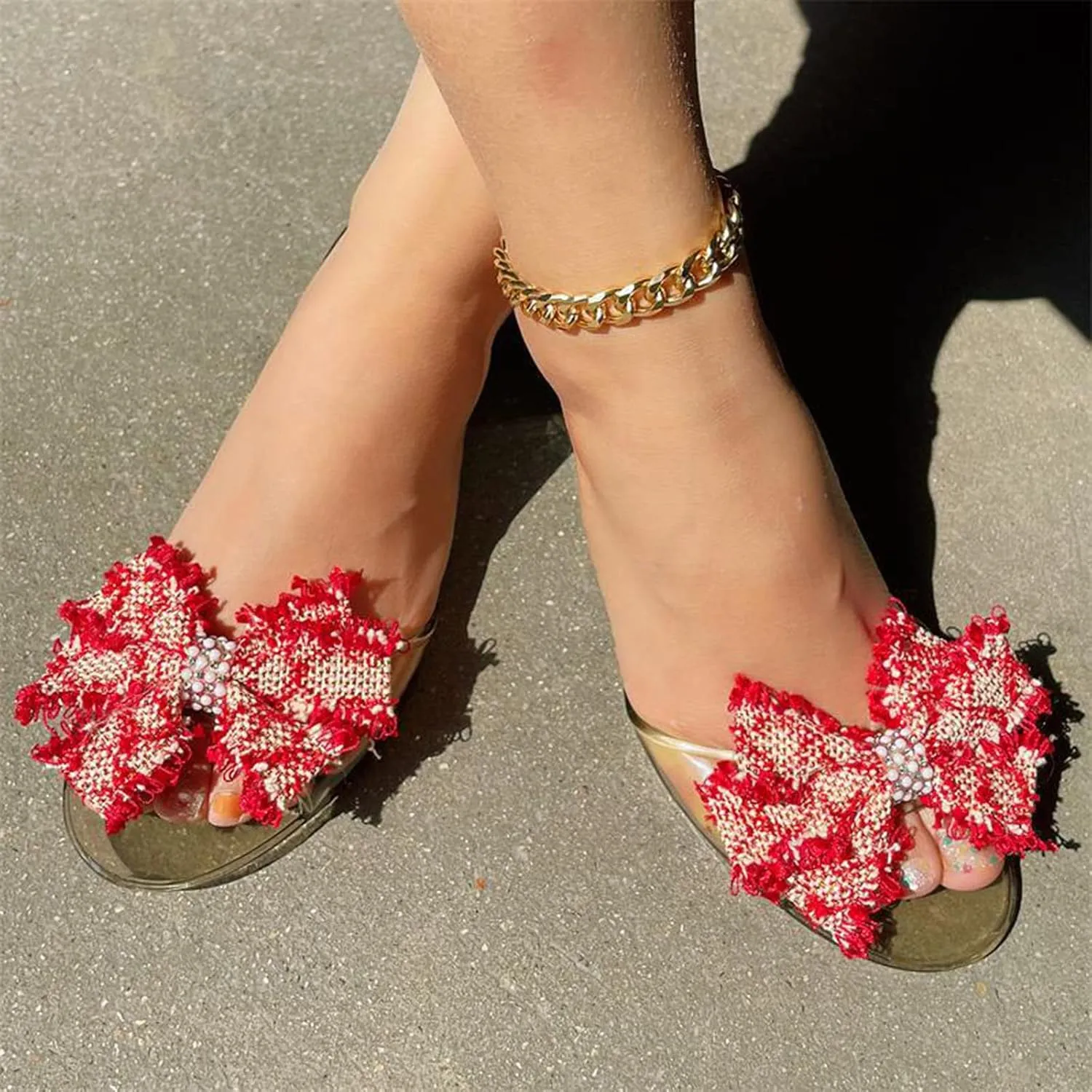 Women's Rhinestone Embellished Bowknot Sandals Fruit Jelly Color Trendy Elegant Flat Summer Business Casual Sandal