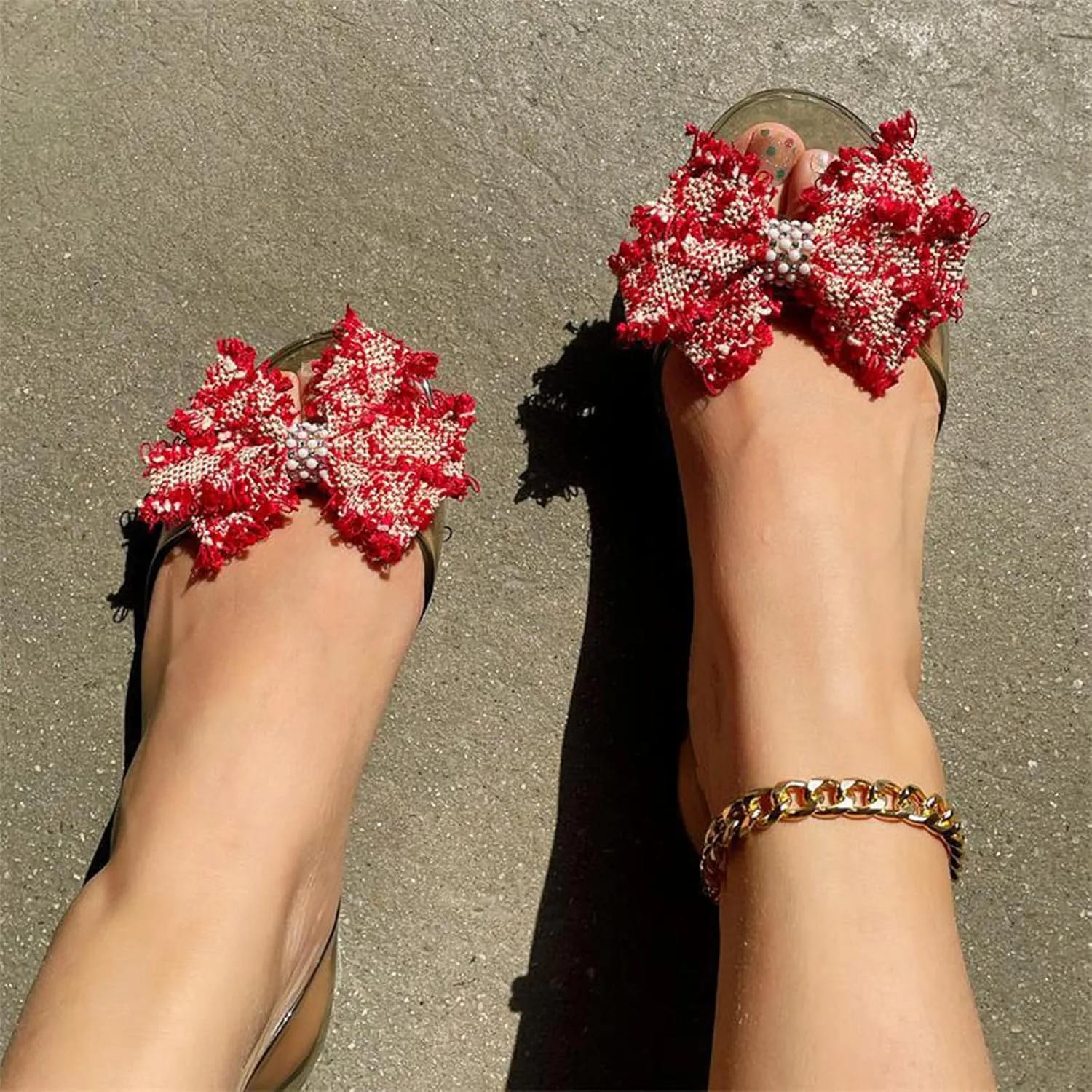 Women's Rhinestone Embellished Bowknot Sandals Fruit Jelly Color Trendy Elegant Flat Summer Business Casual Sandal