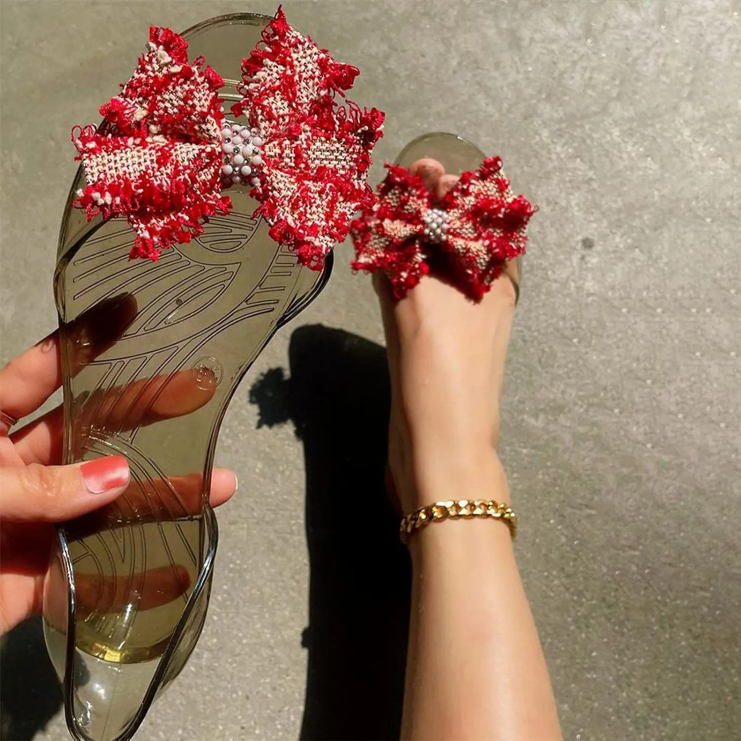 Women's Rhinestone Embellished Bowknot Sandals Fruit Jelly Color Trendy Elegant Flat Summer Business Casual Sandal