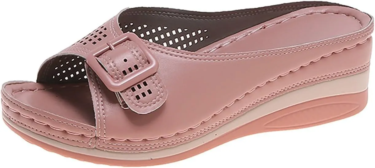 Womens Wedge Sandals Comfortable Slip-on Arch Support Slides Summer Dressy Hollow Out Slippers Casual High Heels Walking Shoes