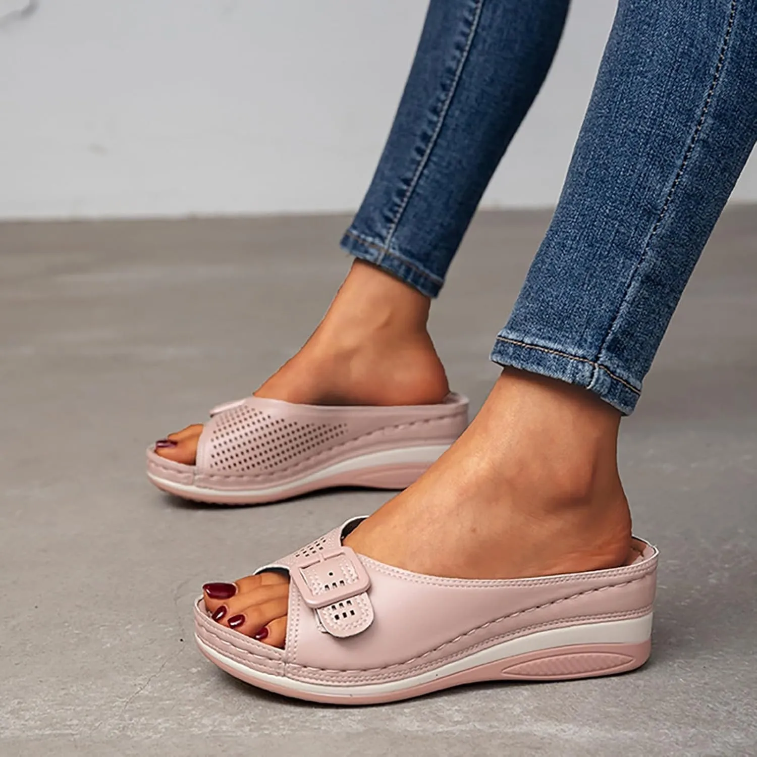 Womens Wedge Sandals Comfortable Slip-on Arch Support Slides Summer Dressy Hollow Out Slippers Casual High Heels Walking Shoes