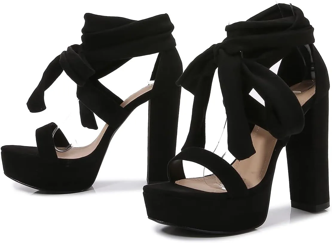 YooPrettyz Women Suede Platform Stiletto Heels Crisscrossed Straps Lace Up Finish Classic Chunky Heels